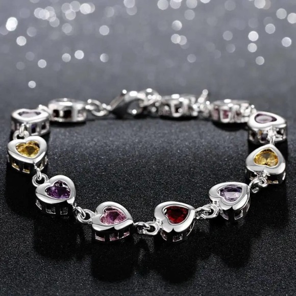 Sterling Silver Heart Multicolor Gemstone 925 Stamped Bracelet - Picture 3 of 12